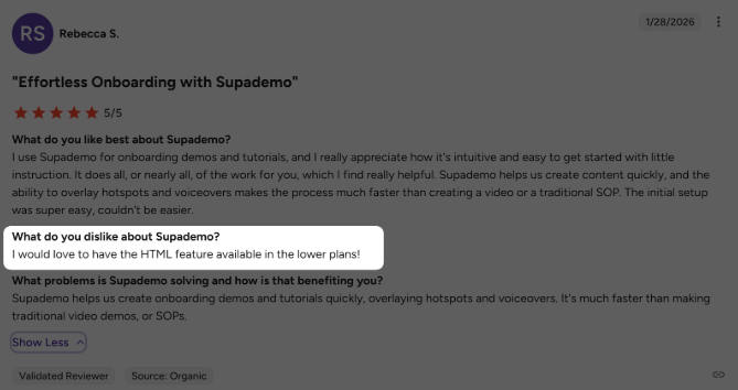 G2 review about Supademo HTML capture pricing