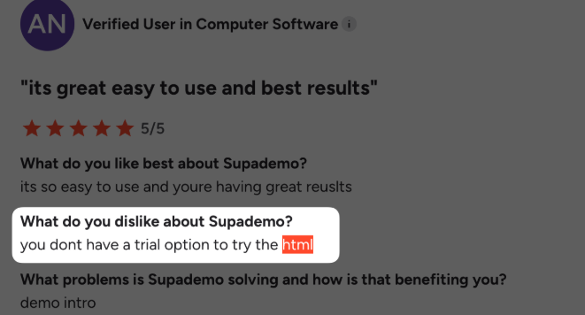 G2 review about Supademo HTML trial option