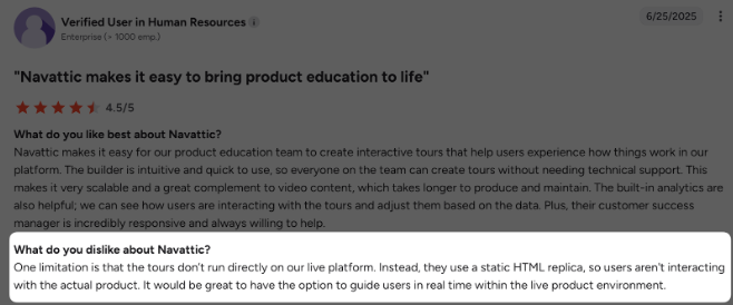 G2 review about Navattic static HTML replica