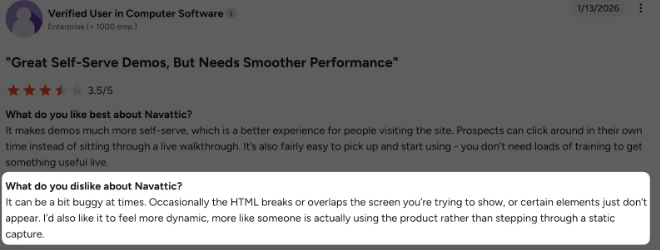 G2 review about Navattic buggy HTML elements